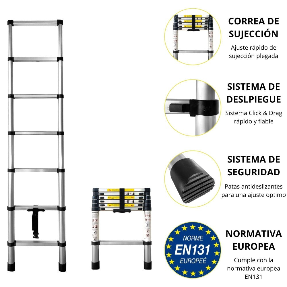 Escalera Telescópica de Acero Galvanizado Extensible y Plegable 2 a 4,4 Metros | Altura Ajustable por Peldaños con Cierre de Seguridad | Certificada EN131 para Uso Profesional y Doméstico | Base Antideslizante con Pies de Goma | Ideal para Reformas, Jardí