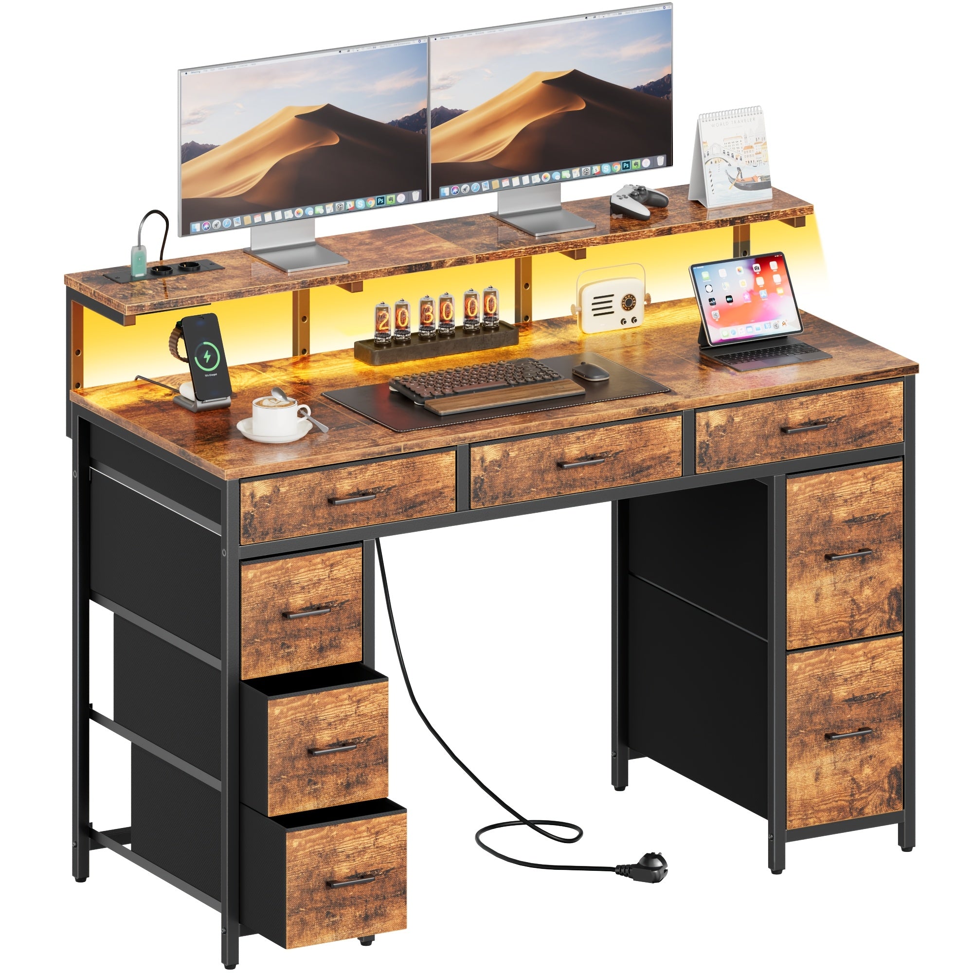 Escritorio para Gaming con 8 Cajones de Tela, Soporte para Monitor con Luz LED, Regleta Europea (2 AC/2 USB), Tapa de Madera, Patas Ajustables para Oficina en Casa/Sala de Juegos