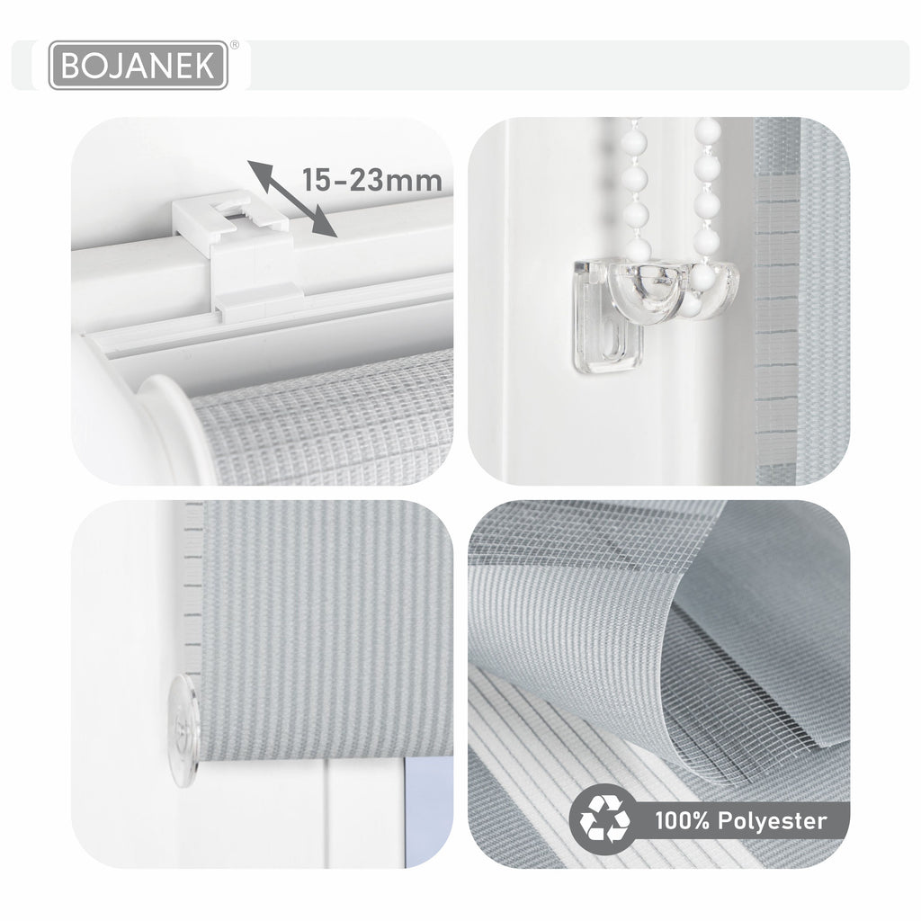 Persiana Día y Noche - NEGRA - 32 Tamaños - BOJANEK DÍA Y NOCHE - Instalación No Invasiva en Ventanas, No Requiere Taladrar, Ajuste de Cadena, Soportes Ajustables para Diferentes Grosos de Ventanas, Diseño Moderno, Protección de Luz y Privacidad, Perfecta