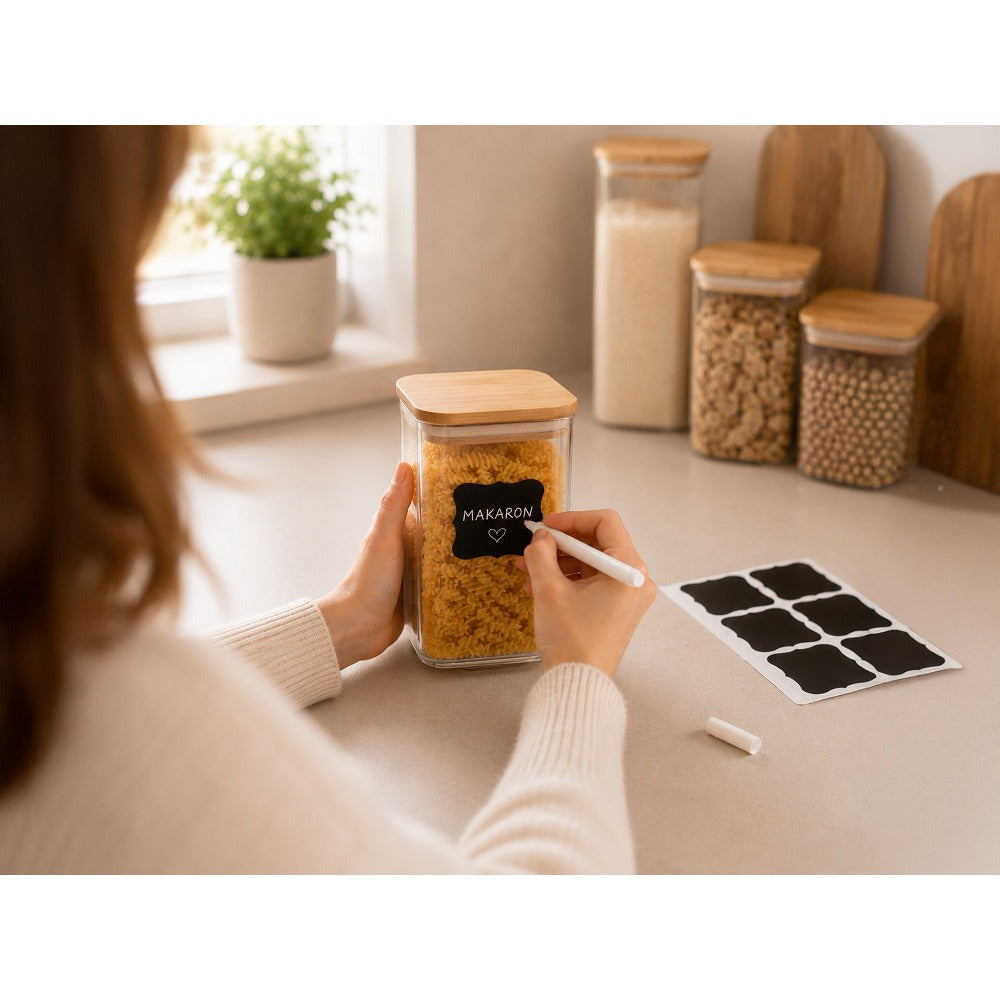 Set de recipientes grandes de vidrio para almacenamiento de alimentos, 4pza.s, 1000Ml | Tarros de cocina altos con tapa de bambú natural y sello de silicona | Contenedores de organización de cocina y despensa para productos secos, espagueti, arroz y cerea