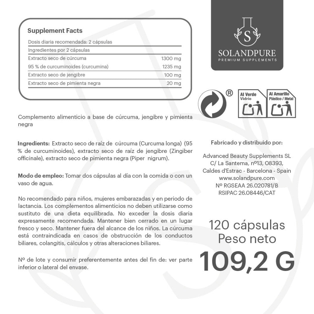 Cúrcuma Complex con Jengibre y Pimienta Negra | 120 Cápsulas - Solandpure®.