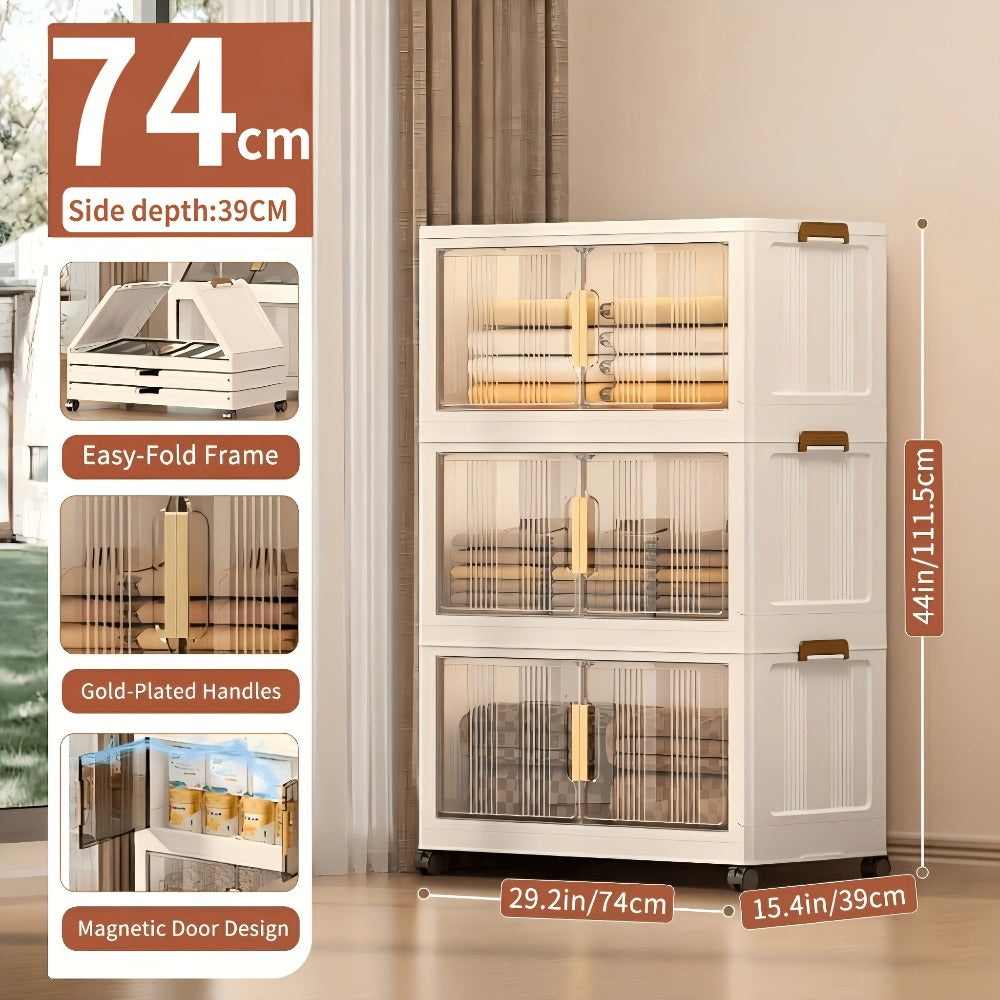 Armario de almacenamiento plegable extragrande de 74 cm con ruedas, puertas magnéticas y paneles transparentes, unidad organizadora de plástico apilable para dormitorio, sala de estar, oficina, despensa y documentos