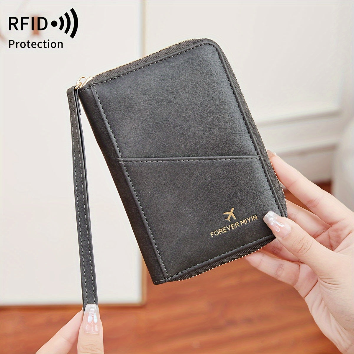 Portapassaporte RFID con cremallera y correa de muñeca, bolsa de almacenamiento multifuncional portátil para viajes, pasaporte y documentos, tarjetero