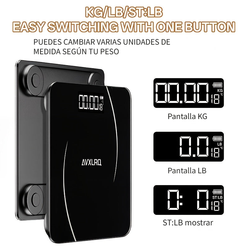 Báscula de baño de alta precisión, báscula electrónica de cuerpo con pantalla LCD ultradelgada con visualización de temperatura, inicio automático al pesar, pesaje hasta 180 kg, cambio de unidad LB/KG, diseño de plataforma de vidrio templado antideslizant