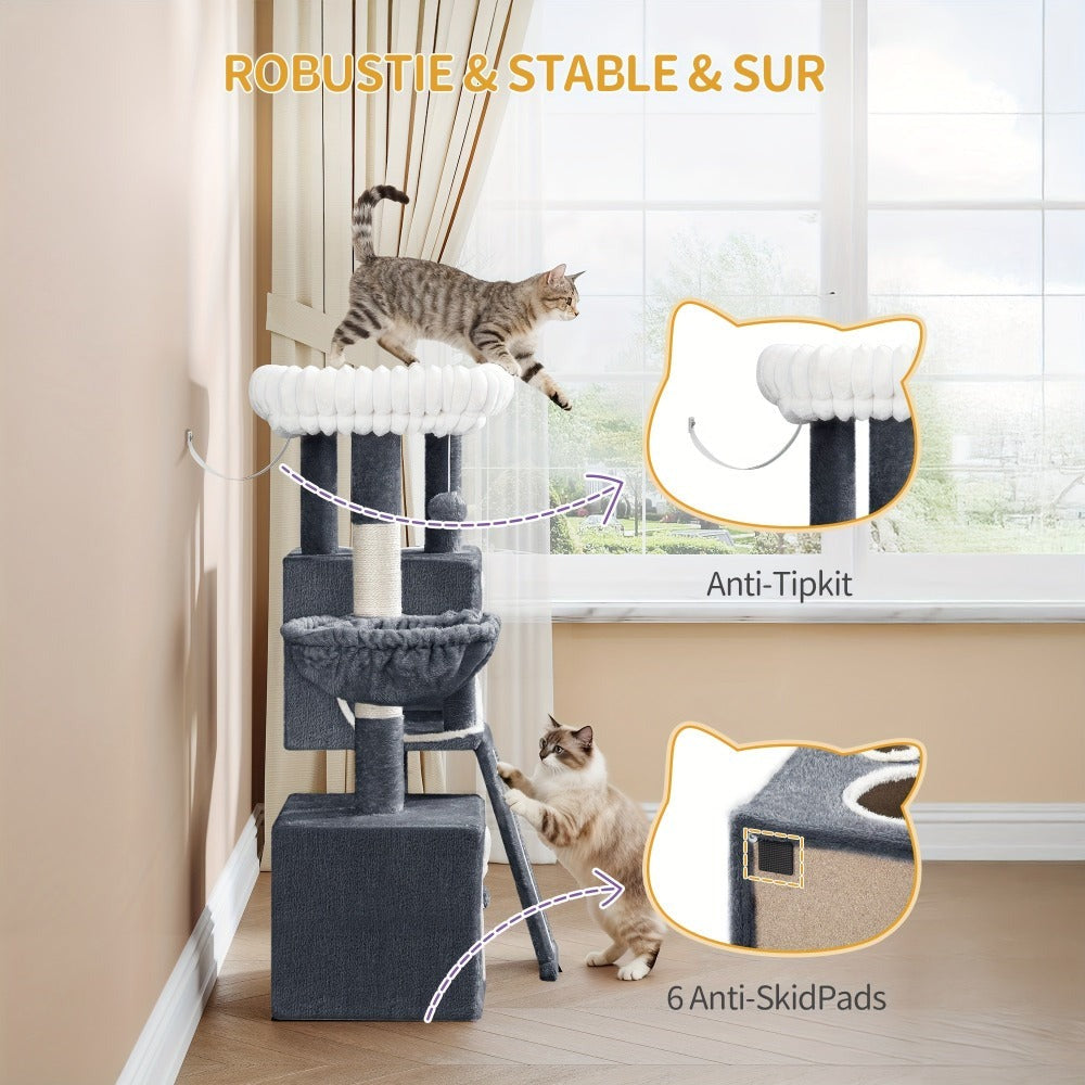 Árbol para Gatos Adecuado para Espacios Pequeños con Plataformas de Peluche, Postes de Sisal para Rascar y Base Antivuelco - Rampa de Escalada Multinivel, Cueva y Pompones - Árbol de Juego Resistente para Gatitos y Gatos (Gris Oscuro)