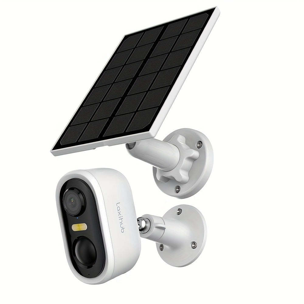 Cámara de seguridad inalámbrica con energía solar Laxihub, resolución de video de 3 millones de píxeles, cámara CCTV, cámara de vigilancia sin cables con energía solar, cámara de vigilancia con batería, nube/SD, detección de movimiento con IA, foco, IP65,