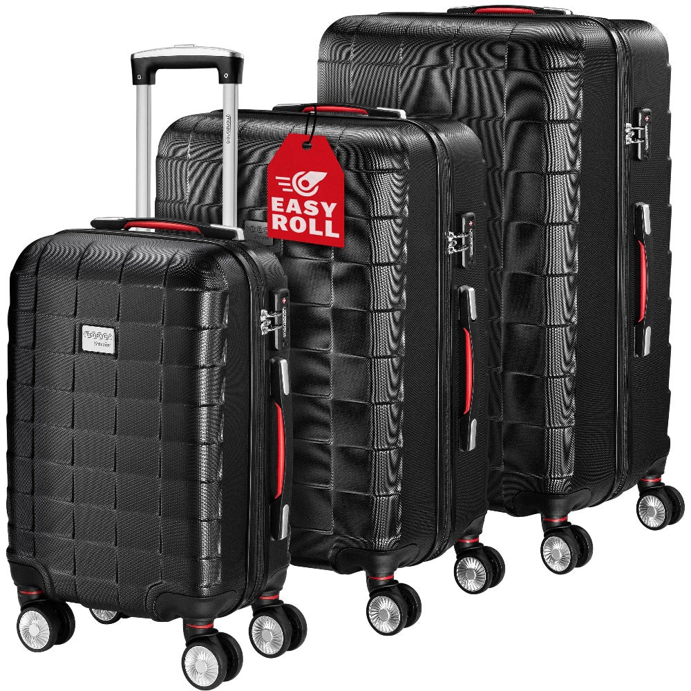 MONZANA® Juego de Maletas de 3 Piezas con Candado TSA, Maletas Rígidas en Tallas M-L-XL, Asas de Gel, 4 Ruedas Gemelas, Pies de Soporte, Maleta de Viaje con Ruedas – Negro, Azul o Champagne