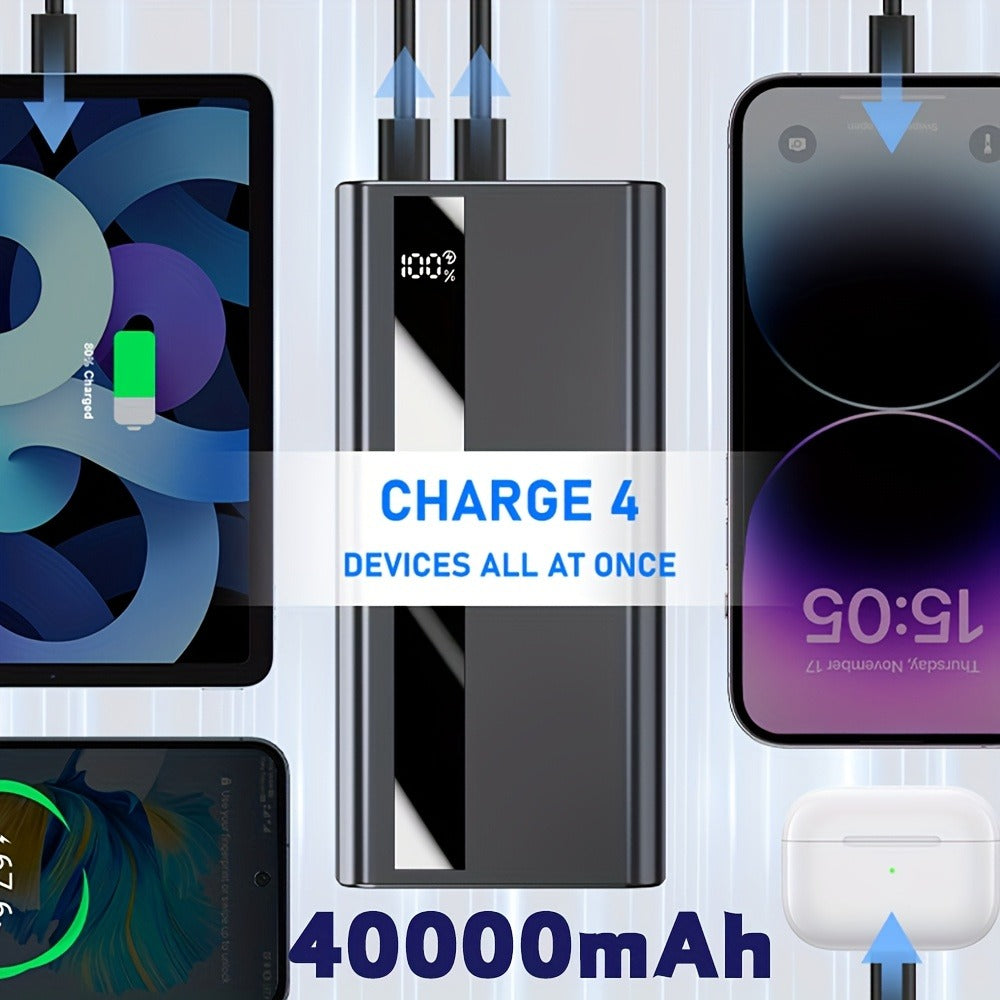 40000mAh Power Bank Cargador Portátil - Soporte PD 22.5W y QC4.0 Carga Rápida con 2 Cables de Salida Integrados y Pantalla LED para iPhone, Teléfonos Android y la Mayoría de Dispositivos Electrónicos
