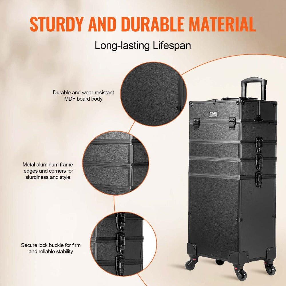 VEVOR 5 en 1 Maleta profesional de maquillaje de aluminio, maleta de maquillaje con ruedas extra grande, organizador de viaje de maquillaje con ruedas giratorias de 360° y palanca ajustable, negro