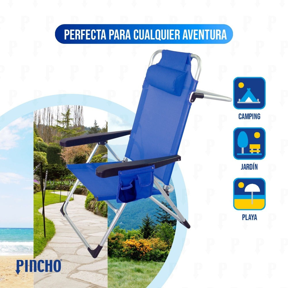 Silla Playa Plegable, Sillon Alto con Cojín, Reclinable, Altura del Asiento 29,5 cm, Asa de Transporte, Bolsillo para Movil y Bebida Textileno Resistente, Jardin, Camping, Hamaca