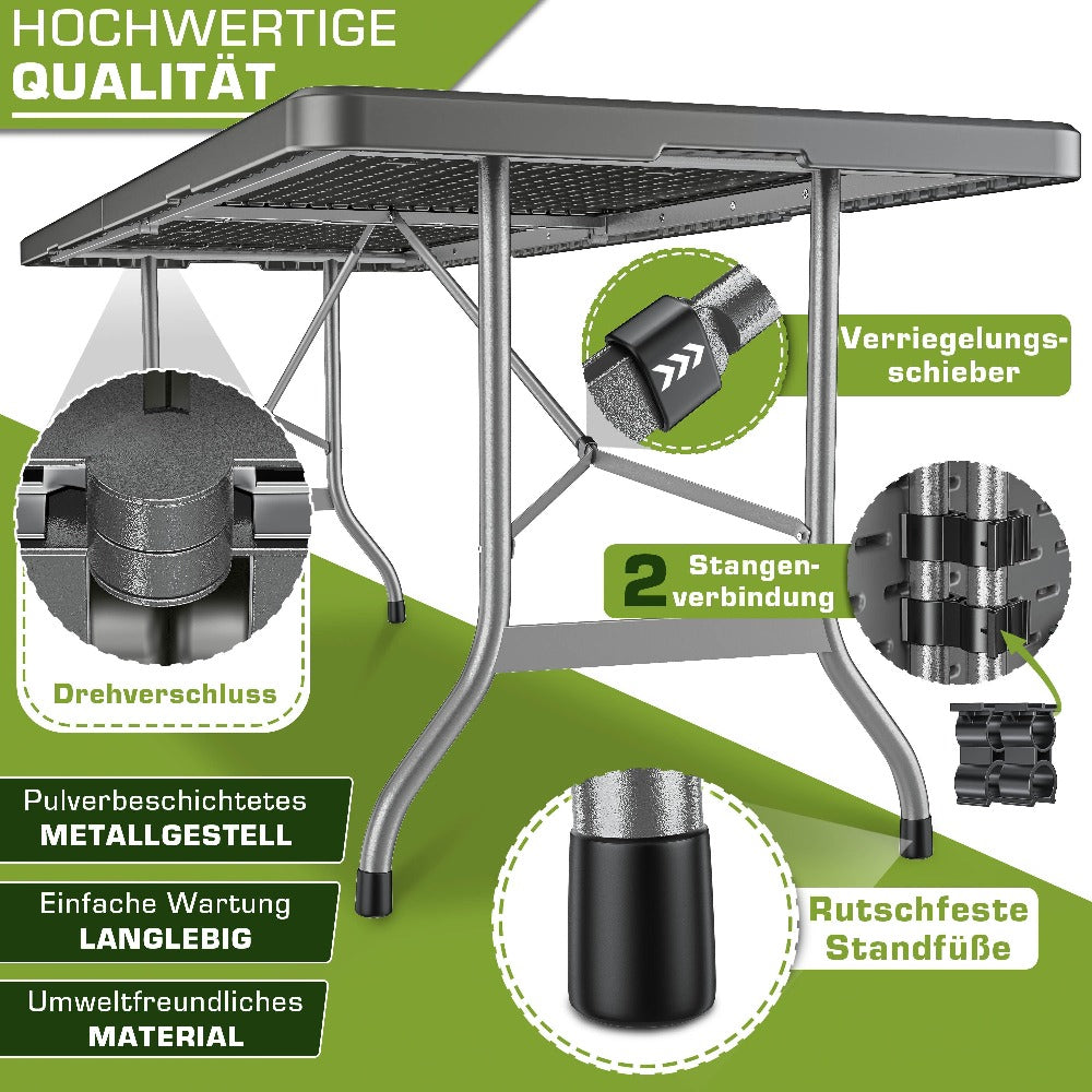 Mesa de Jardín Plegable Tillvex® 220x70 cm, Plástico | Mesa Buffet para 10 Personas con Asa de Transporte | Mesa de Camping Impermeable para Uso Exterior en Jardín, Terraza y Balcón
