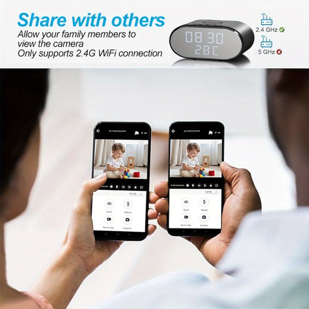Cámara de seguridad inalámbrica despertador 4K con detección de movimiento, compatible con visualización remota en tiempo real por WIFI, notificaciones de alarma por aplicación y correo electrónico, compatible con Android e IOS, carga USB, incluye tarjeta