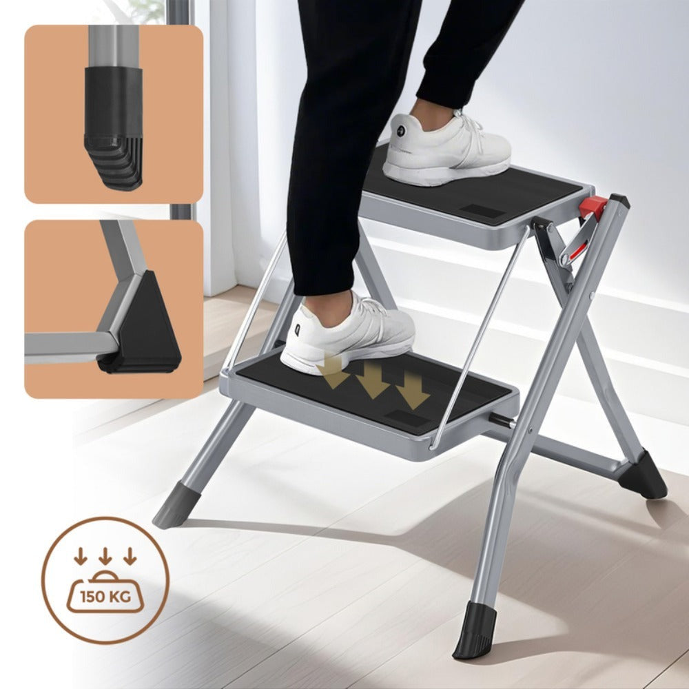Escalera con goma antideslizante y asa, escalera plegable de 2 escalones, ancho de peldaño 20 cm, carga 150 kg, acero, gris y negro