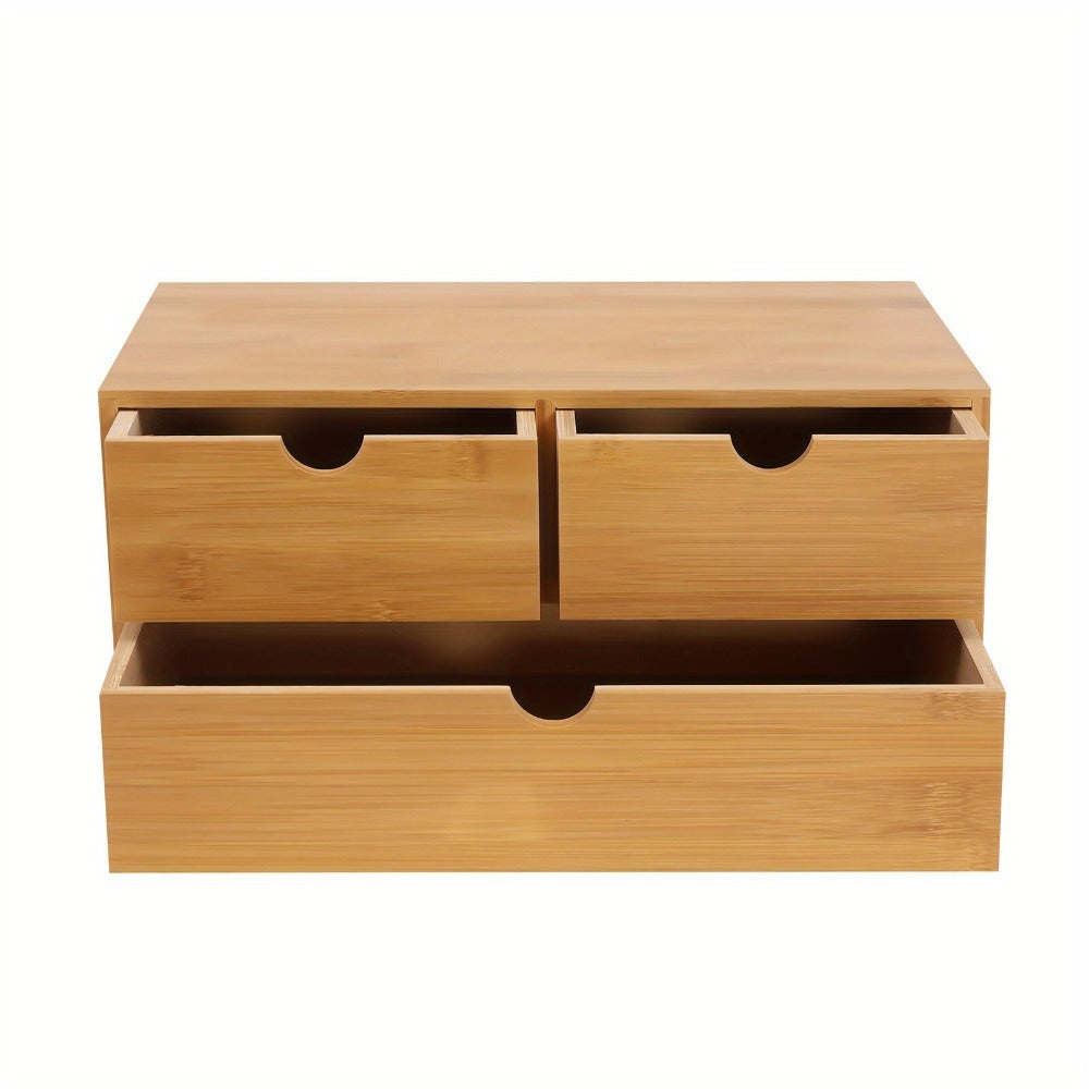 Organizador de escritorio de bambú, caja de organización de almacenamiento de mesa, almacenamiento de escritorio para clasificar y almacenar sellos, notas adhesivas, tijeras, facturas, bolígrafos, lápices, etc. (2 cajones superiores, 1 cajón inferior)