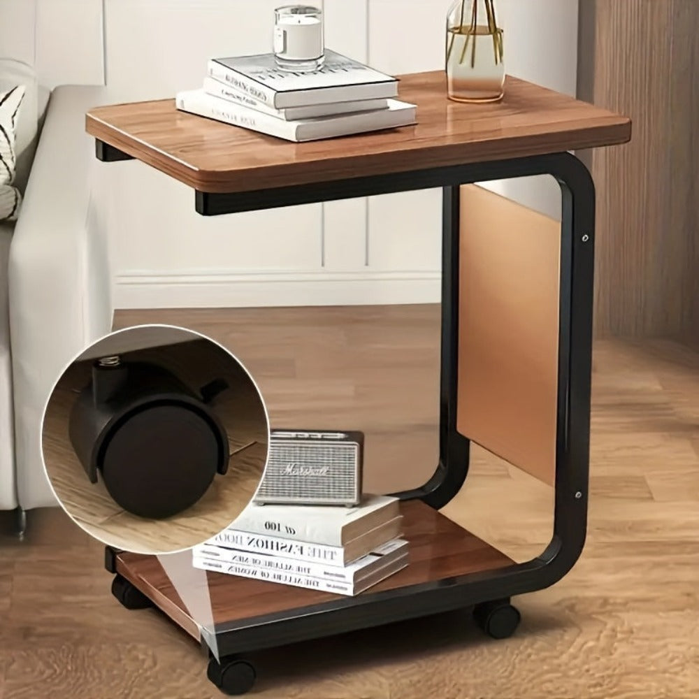 Mesa auxiliar de sofá de doble capa diseñada para ahorrar espacio, capaz de soportar hasta 30 kilogramos, con diseño en forma de C y bolsillos laterales, adecuada para dormitorios, hogares y oficinas.