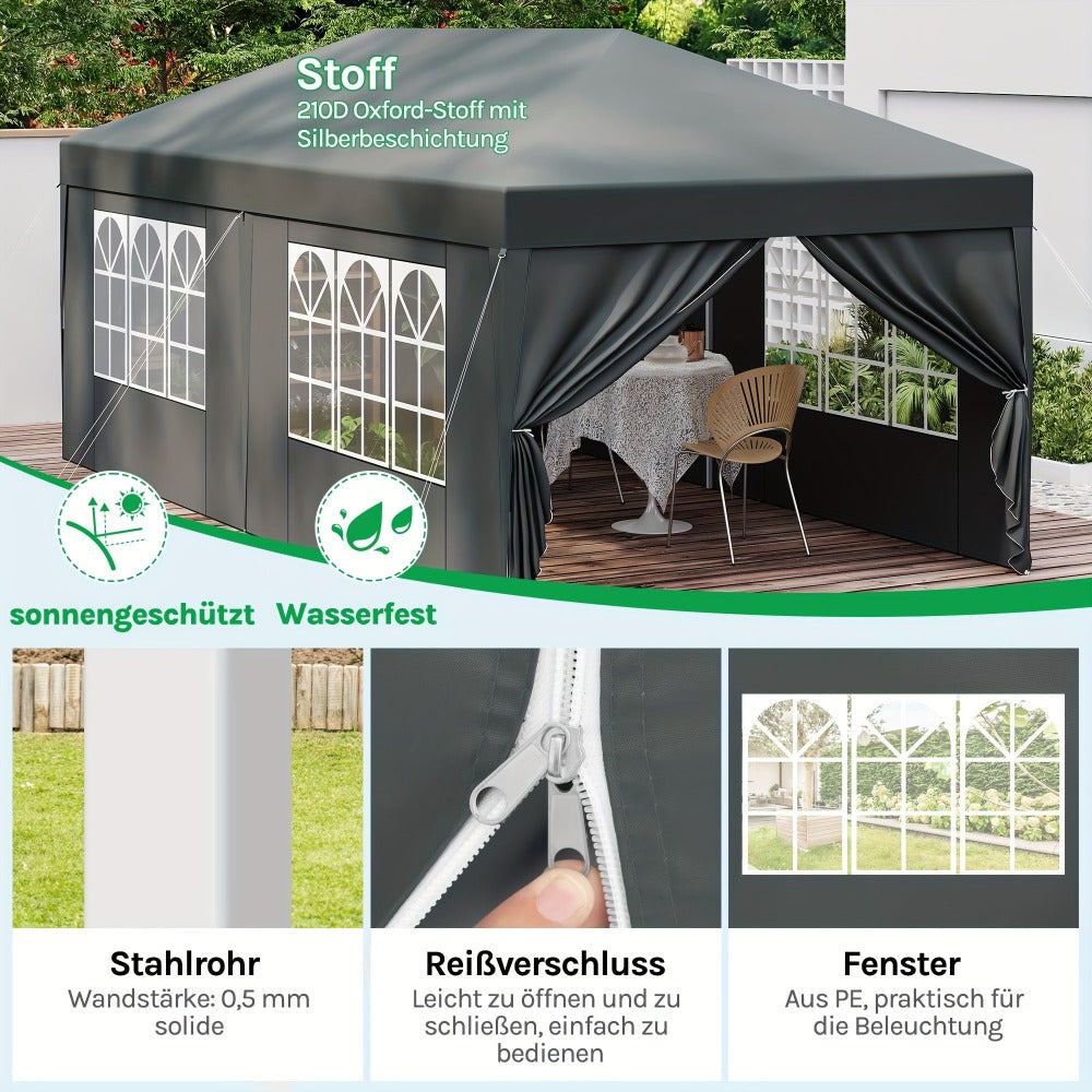 Toldo plegable de exterior de 1 pieza de 3 x 6 metros, toldo para exteriores, carpa de recepción portátil, cenador de metal, refugio, equipado con 6 paredes laterales y 4 ventanas, resistente al viento, protección UV, fácil de instalar, resistente y durad