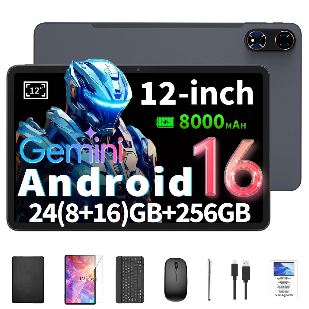 Cámara de seguridad | Tableta Android con sistema Android 16, tableta de 12 pulgadas con teclado, 24 GB (8 GB + 16 GB) RAM + 256 GB ROM, cámara