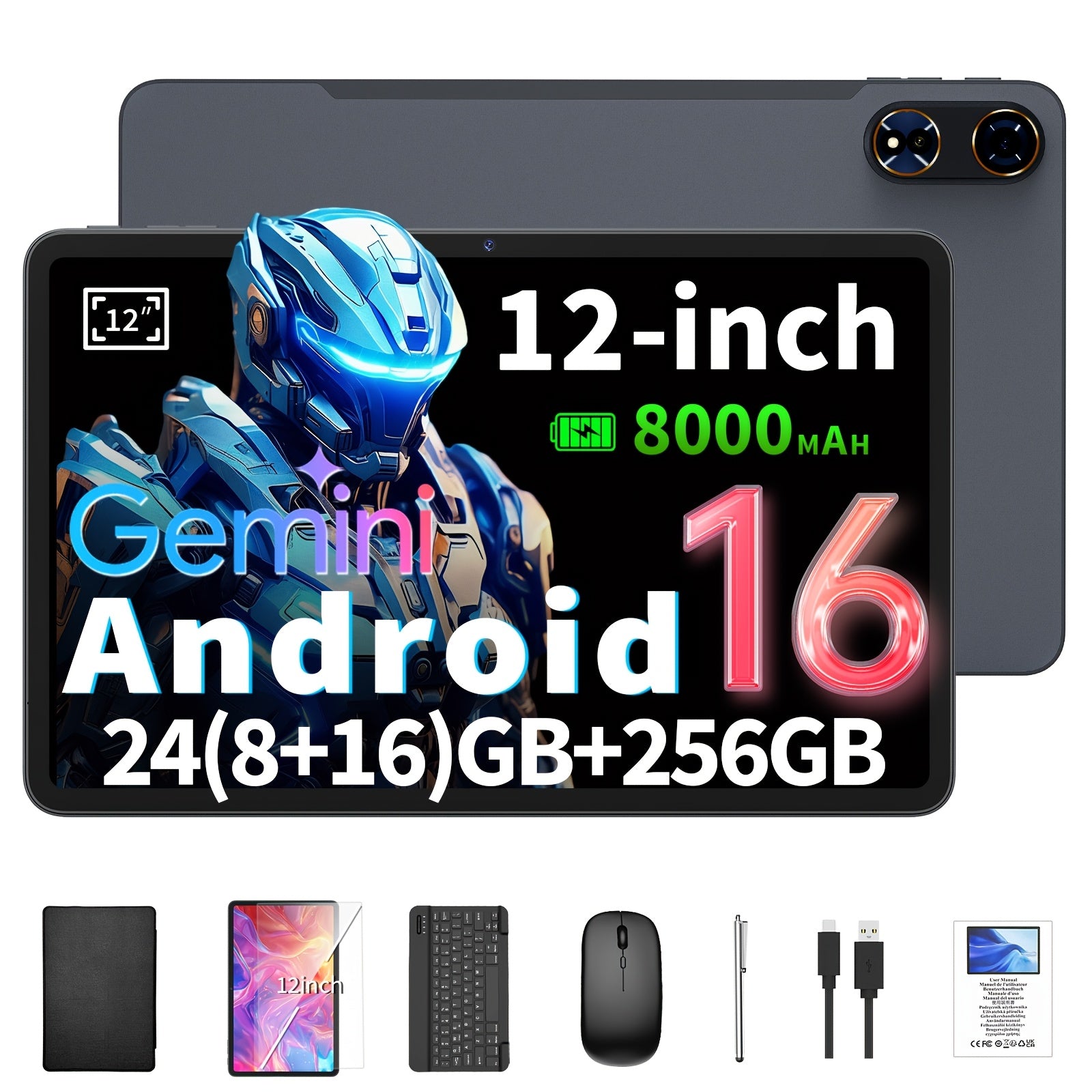 Cámara de seguridad | Tableta Android con sistema Android 16, tableta de 12 pulgadas con teclado, 24 GB (8 GB + 16 GB) RAM + 256 GB ROM, cámara