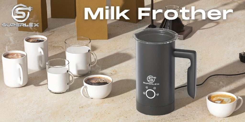 SUPERLEX Espumador de Leche Automático de 500 W con Función de Calentamiento - Espumador de Leche Eléctrico para Capuchino y Latte, Capacidad de 300 ml, Cámara Interior de Acero Inoxidable, Compacto