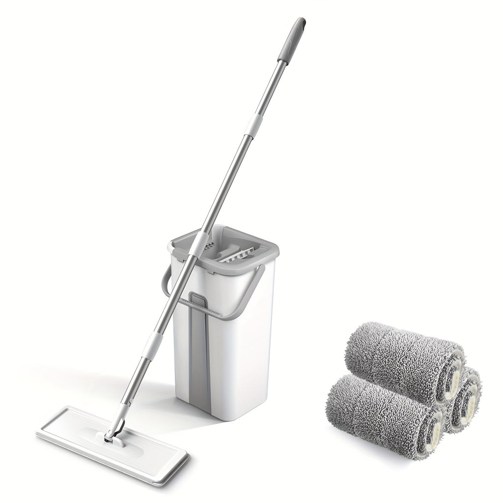 Juego de fregona y cubo con escurridor, juego de cubo de fregona plano blanco para limpieza de suelos, fregona húmeda/seca para limpiar paredes con mango largo, fregona para suelos de madera dura con 3 paños de microfibra