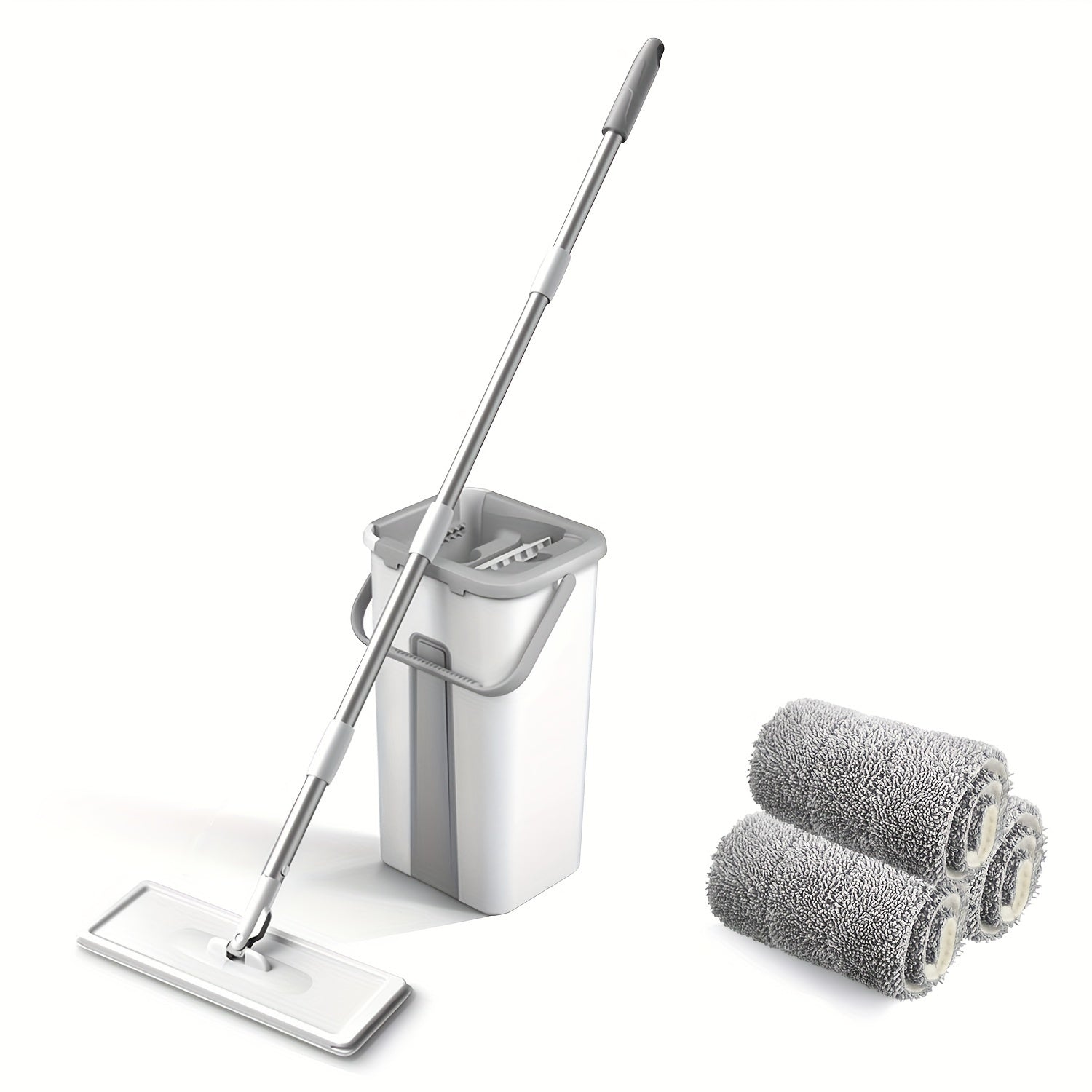 Juego de fregona y cubo con escurridor, juego de cubo de fregona plano blanco para limpieza de suelos, fregona húmeda/seca para limpiar paredes con mango largo, fregona para suelos de madera dura con 3 paños de microfibra