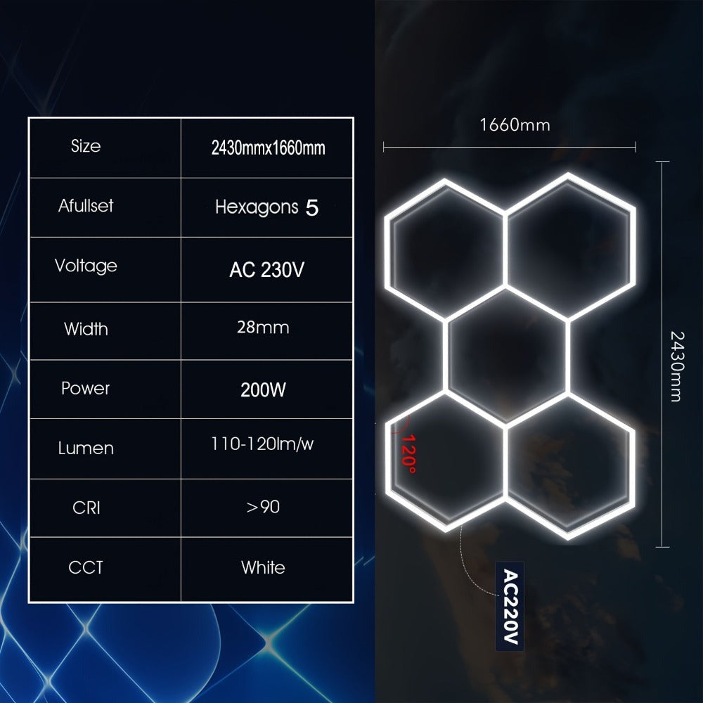 Paquete de 5/8 Lámparas de Techo LED Hexagonales - 280W 33600LM Ultra Brillantes Blanco Frío 6500K, Iluminación Exterior Moderna para Garaje, Taller, Estudio, Tienda de Detallado Automotriz - Duración Estimada, Fácil Instalación, Montaje