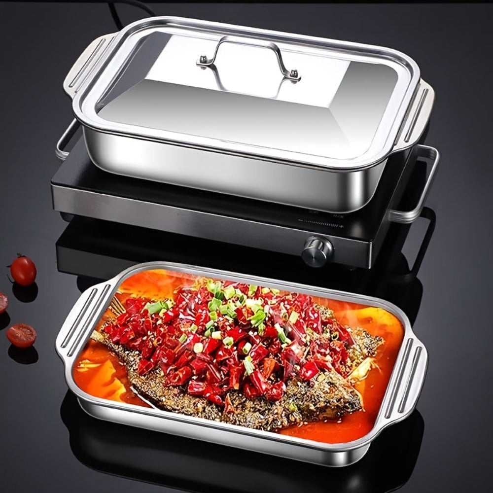 Juego de Bandejas para Hornear de Acero Inoxidable, Bandeja Metálica con Tapa, Diseño de Bordes Altos para Mayor Capacidad, Resistente al Calor hasta 230°C, Fácil de Limpiar, Bandeja para Asar Adecuada para Guisos/Lasaña/Pollo/Verduras