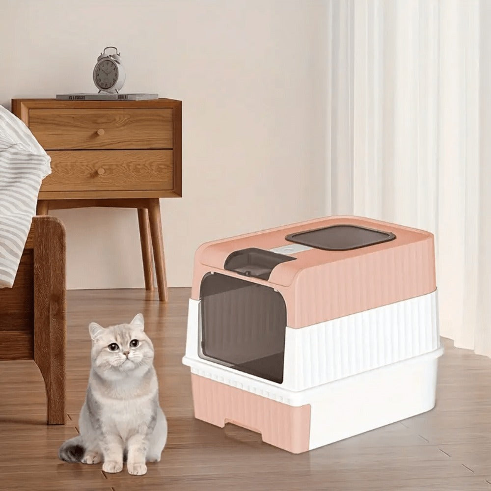 Caja de Arena para Gatos Espaciosa con Tapa Arenero - A Prueba de Fugas, Diseño Plegable, Soporta hasta 14.97 KG, Incluye Pala, Sin Rastro para Limpieza Fácil, Construcción Duradera de ABS/PE/Silicona, Forma Rectangular, Caixa de Arena para Gatos Extra Gr
