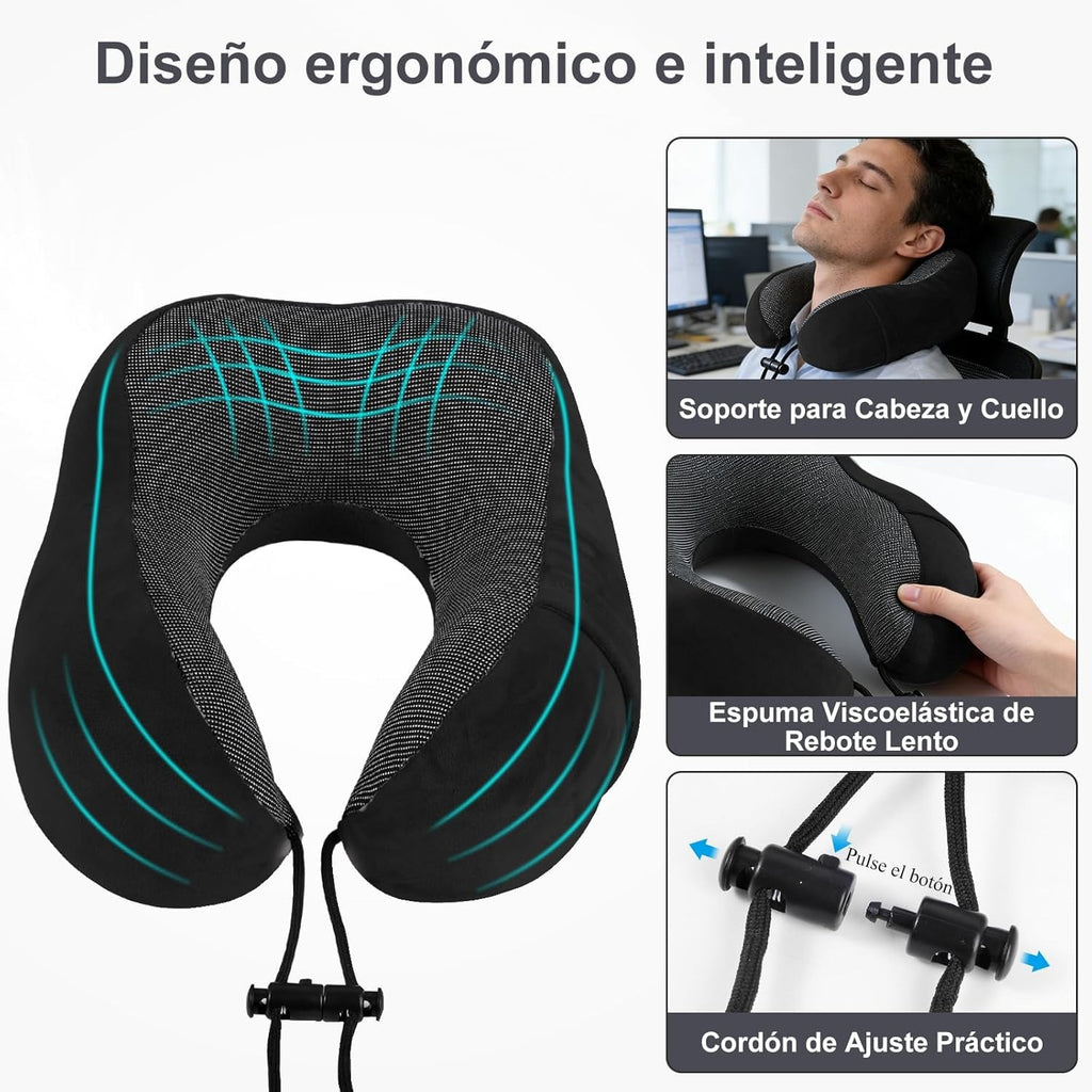 Una Almohada Cervical Ergonómica en Forma de U con Bolsa de Almacenamiento, Espuma de Memoria con Tecnología de Rebote Lento, Funda Lavable a Máquina, Ligera y Portátil para Avión, Oficina y Hogar, Apoya Cuello y Cabeza, Ideal para Siestas, Lectura y Ver