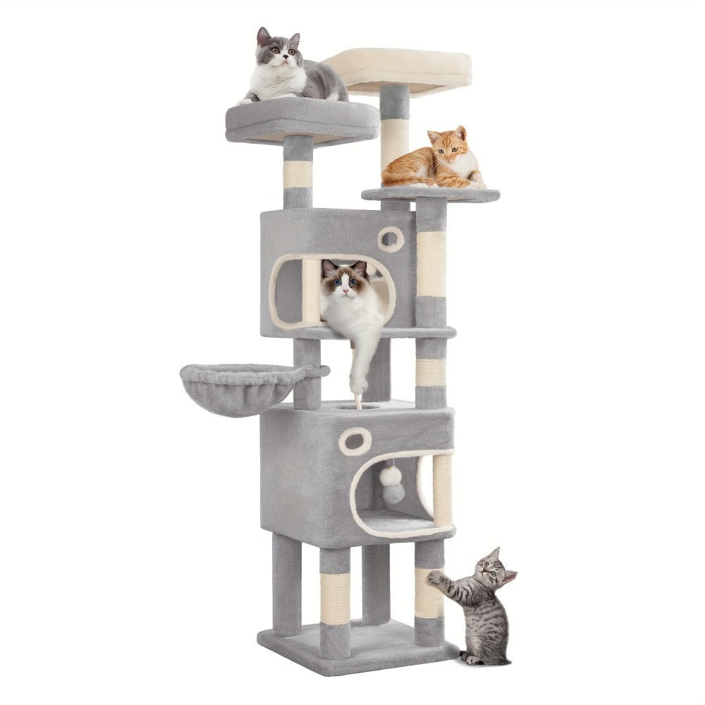 Árbol para gatos de 159 cm con 8 rascadores, 3 plataformas, 2 cuevas, cesta, pelotas de felpa, cuerda de sisal, adecuado para gatos de varios tamaños, gris claro/gris oscuro