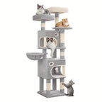 Árbol para gatos de 159 cm con 8 rascadores, 3 plataformas, 2 cuevas, cesta, pelotas de felpa, cuerda de sisal, adecuado para gatos de varios tamaños, gris claro/gris oscuro