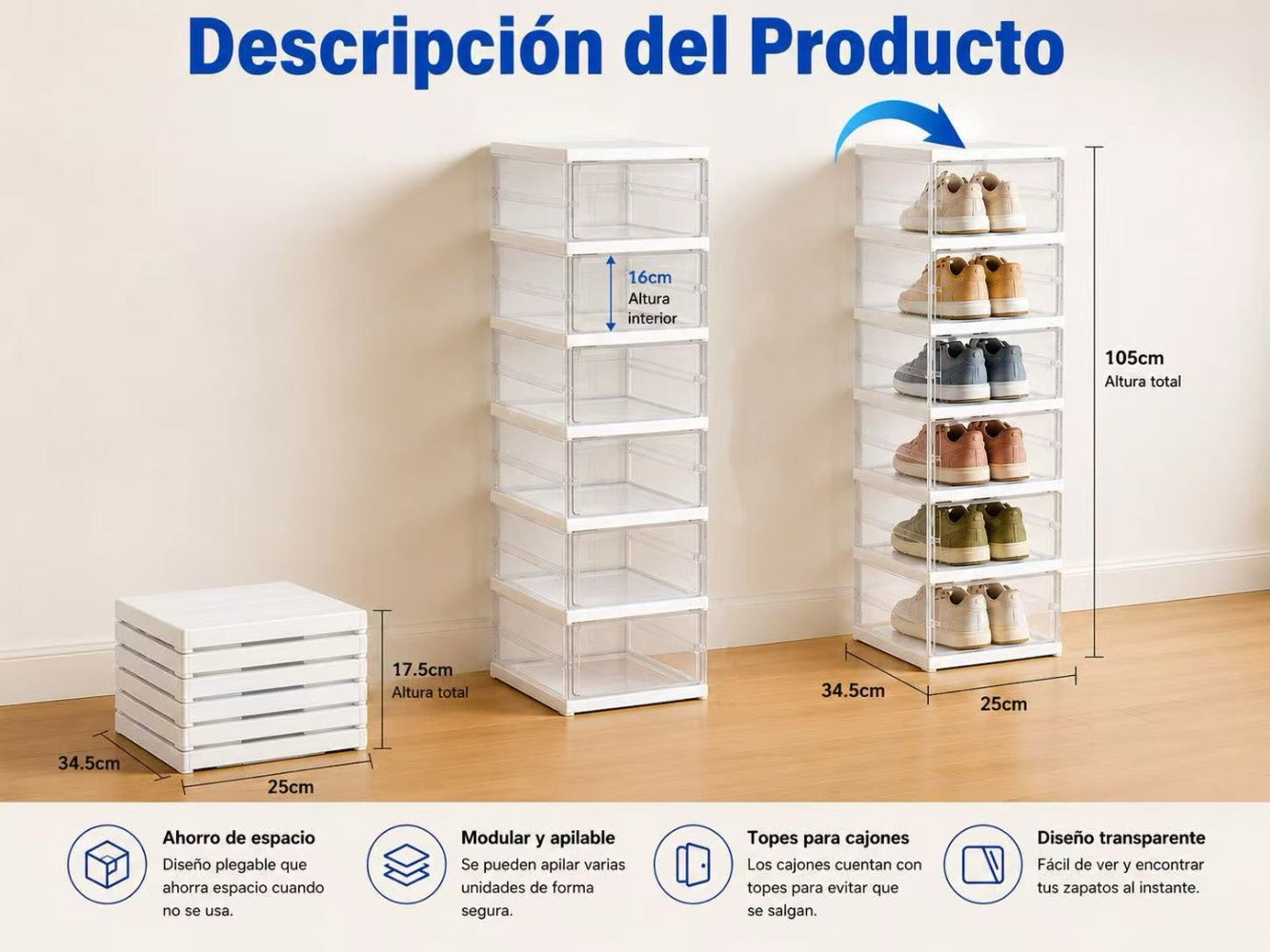 Organizador de Zapatos Plegable Sin Instalación, 6 Niveles, Puerta Transparente Antipolvo 105X34.5X25cm