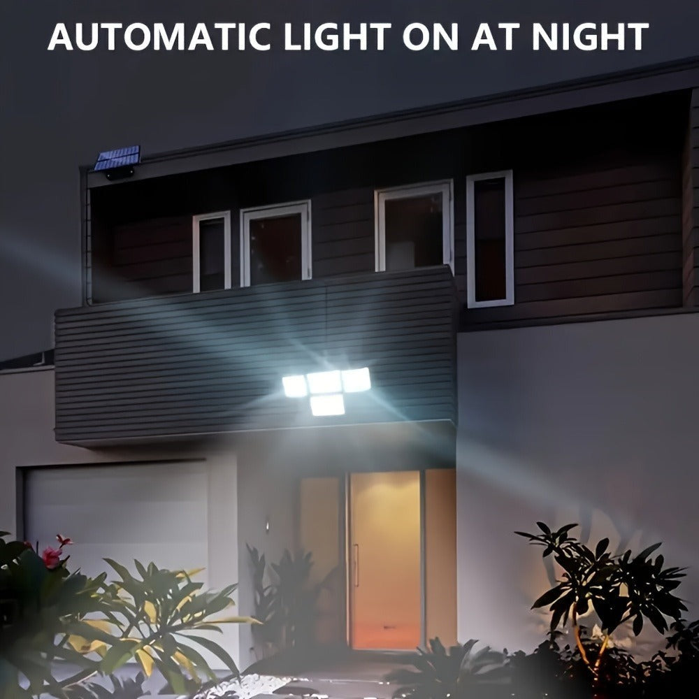2/4 piezas de luces solares de pared para exteriores, 288 LED con sensor de movimiento y control remoto, 4 modos de iluminación para patio solar, focos de seguridad de gran angular de 270°, luz solar de pared de 4 cabezales para porche, jardín, garaje, te