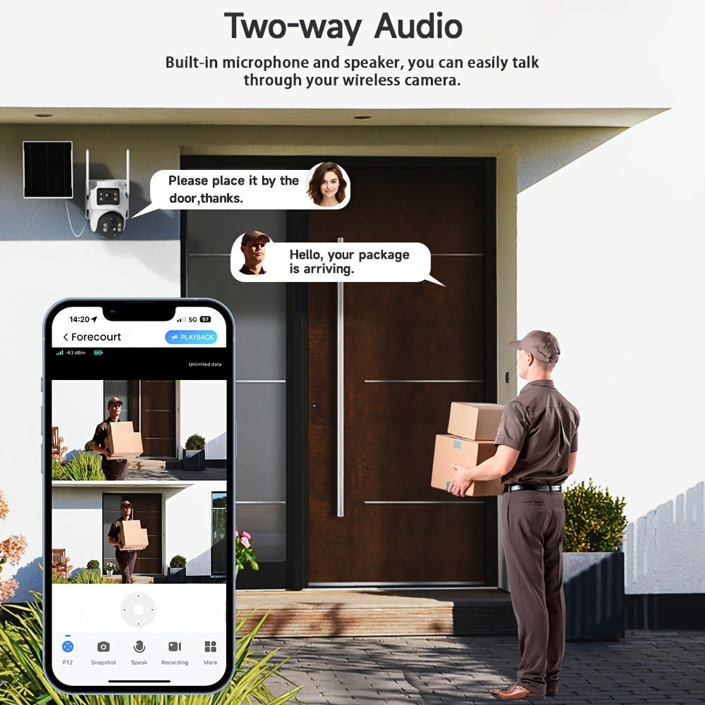 2 Cámaras WiFi de 8MP con Doble Lente, Visión Nocturna a Color, Ángulo de 360°, Audio Bidireccional, Detecção PIR y Alimentación Solar, Compatible con Red 2.4G