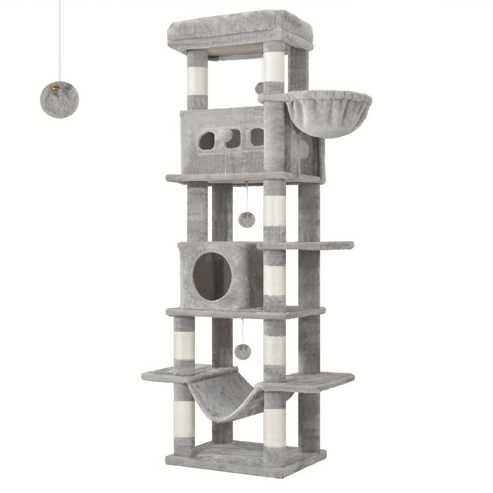 Torre para gatos de interior, 170 cm de alto, casa espaciosa de varios niveles con condominio, 8 postes para rascar, una hamaca y 4 pompones