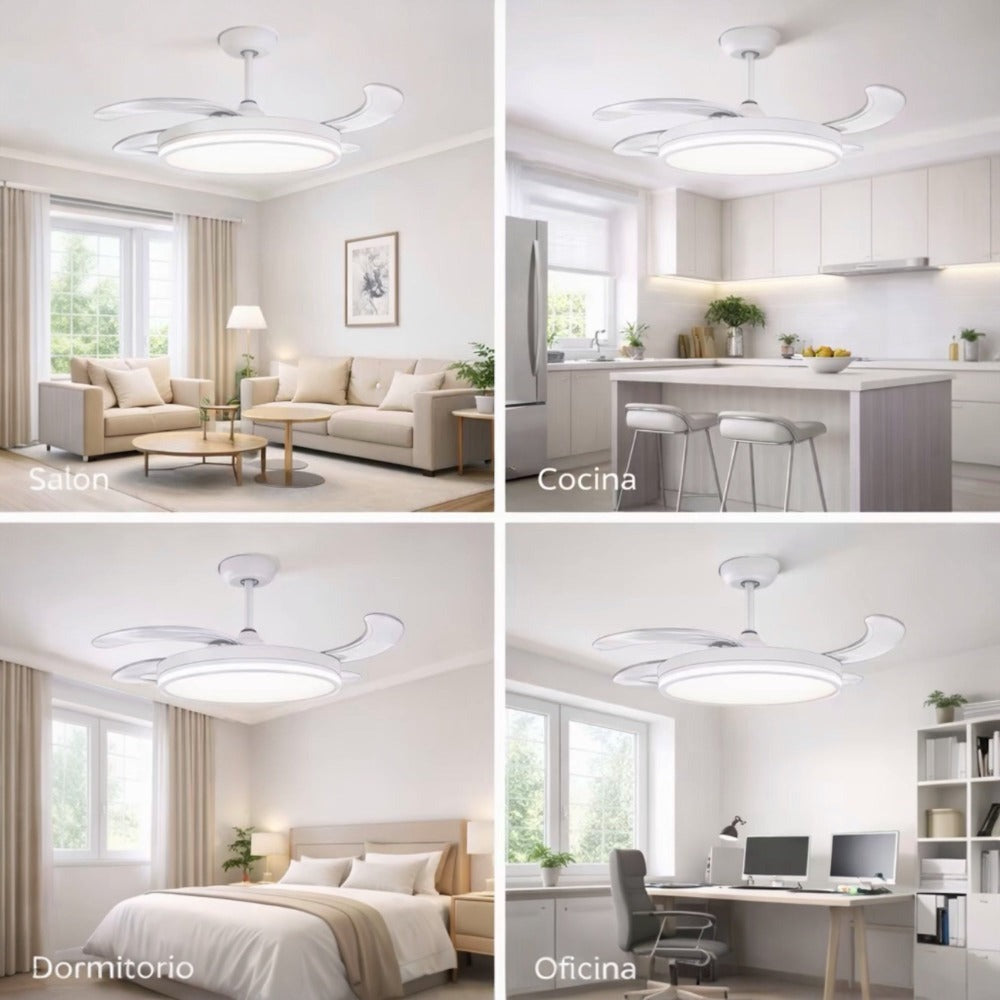 Ventilador de techo con Blanco en 3 Temperaturas de con Mando a Distancia -Motor DC Eficiente y Silencioso, 3 tonalidades, aspas desplegables retráctiles, 6 velocidades, control remoto, memoria, temporizador, silencioso y bajo consumo.