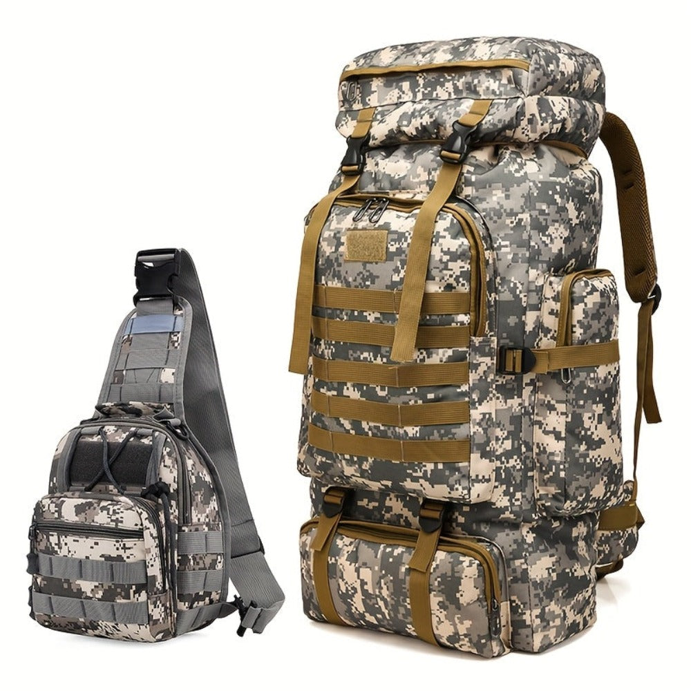 Un conjunto de dos piezas, una mochila para senderismo y montañismo