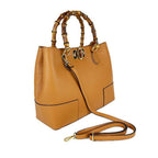 Bolso de cuero real con asas de bambú hecho en Italia, bolso de mujer, bolso de bambú de cuero
