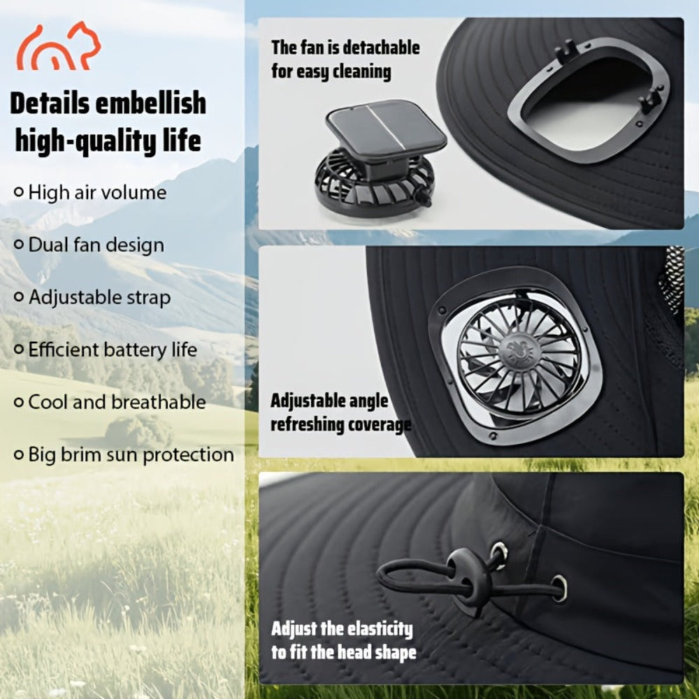 Sombrero abanico con protección solar UPF y sistema de enfriamiento USB, ala ancha para exteriores, apto para pesca, senderismo, escalada, con batería para uso prolongado en clima caluroso