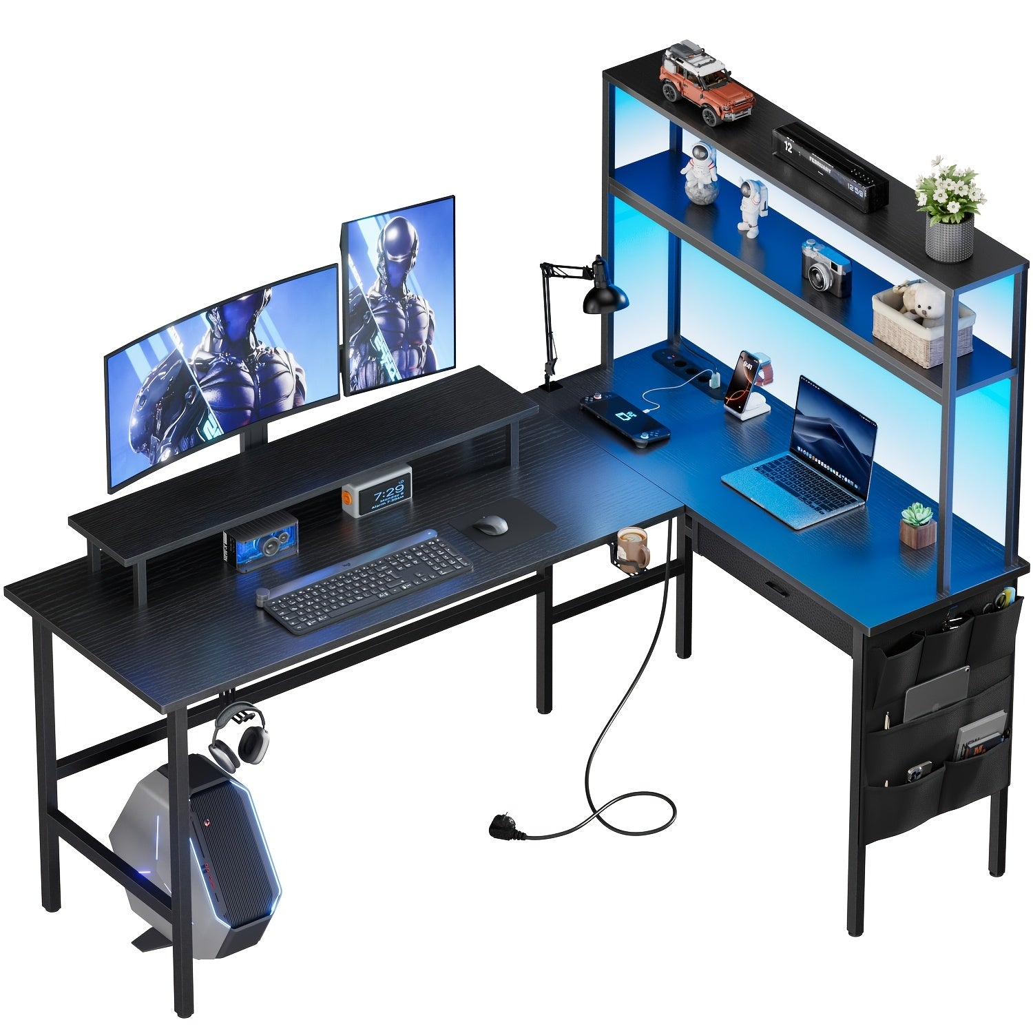 Escritorio de Esquina Reversible para Juegos con Toma de Corriente, Escritorio en L con Esquina Abatible, Escritorio Ergonómico con Estantes de Almacenamiento, Cajones y Bolsas, Escritorio de Esquina con Soporte para Monitor, Oficina en Casa