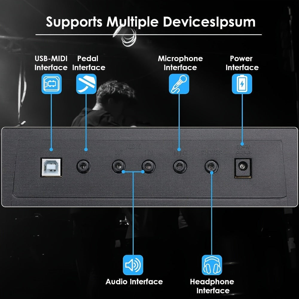 Teclado electrónico de 61 teclas diseñado para principiantes, con piano digital de 500 tonos y un modo de enseñanza de tres niveles. Incluye soporte de piano, taburete, pantalla LCD y atril.