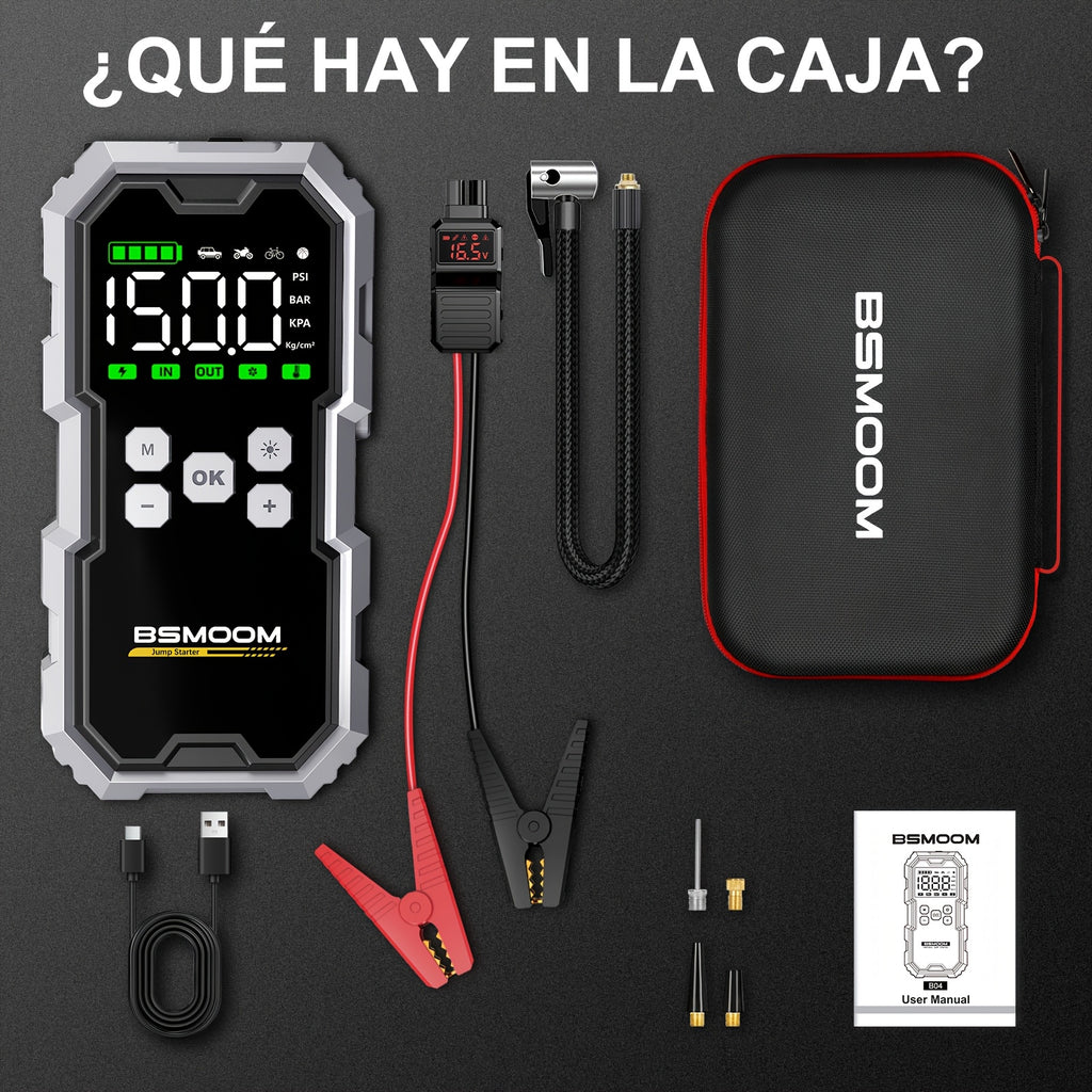 Arranque de coche con compresor de aire e inflador de neumáticos inalámbrico, arrancador de batería de 12000A con banco de energía y linternas LED, caja de arranque automático de 12V para todos los vehículos de gasolina o diésel de 10.0L con estuche de tr