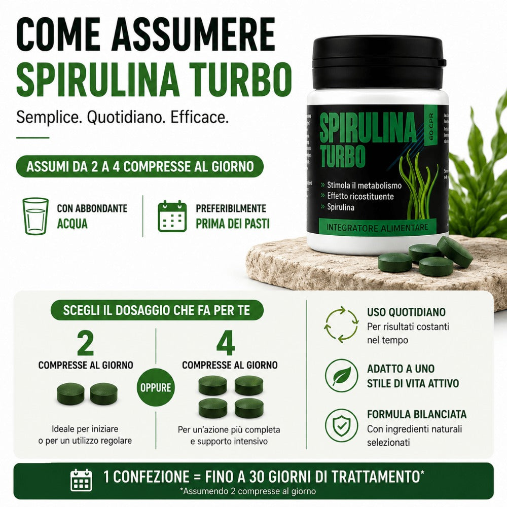 Spirulina Turbo – Suplemento Dietético a Base de Espirulina – 60 Tabletas Veganas de 500 mg – Apoyo para la Rutina Diaria y el Bienestar