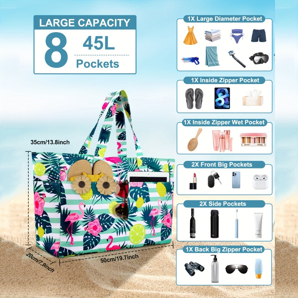BAJACOM Bolso de Playa Extra Grande, Bolsas Tote con Cremallera, Bandolera Plegable Ligera para Mujeres, Compartimentos, Ideal para Viajes, Vacaciones y Gimnasio