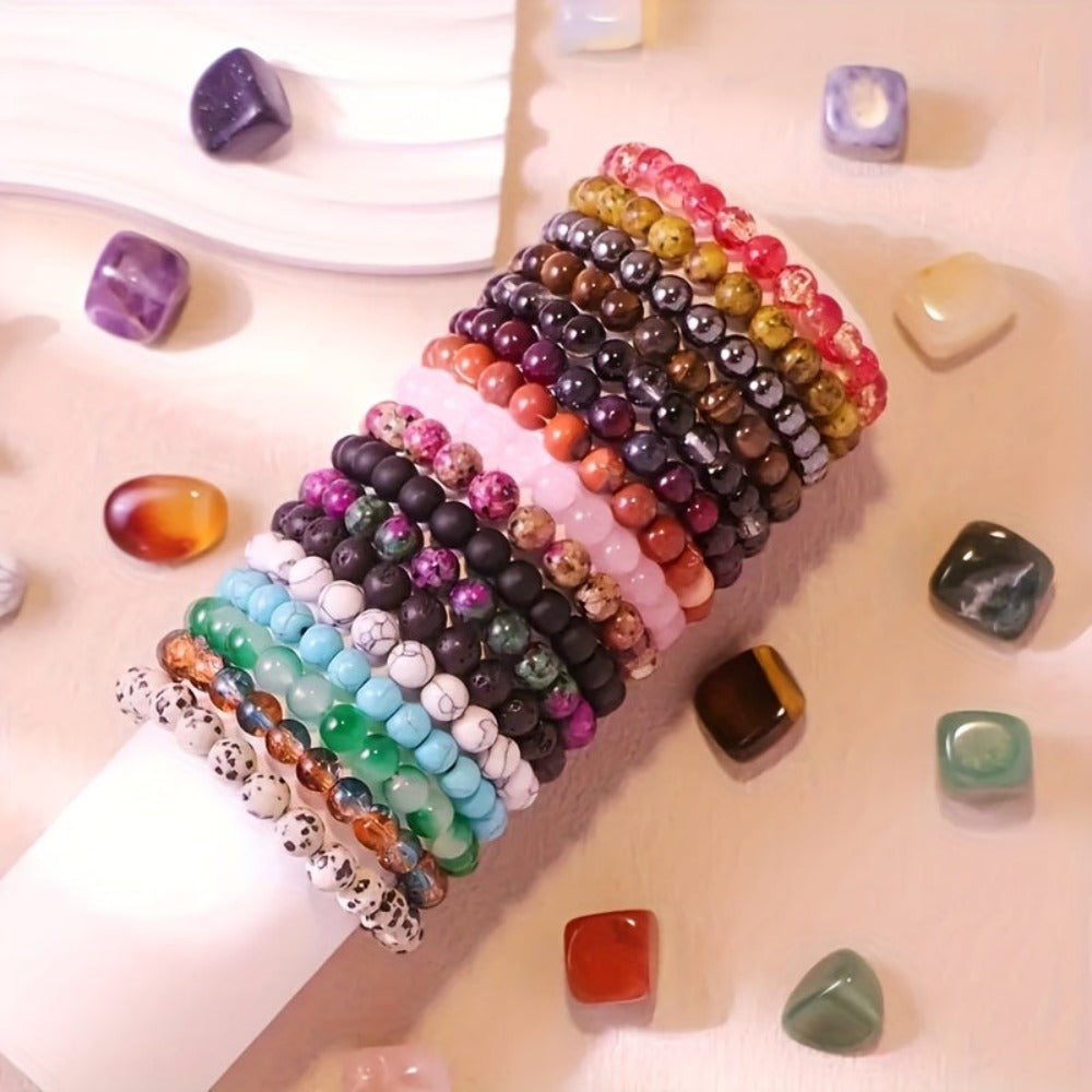 80 pulseras bohemias elásticas con cuentas de piedra de color aleatorio - Joyería unisex extensible apilable multicolor para hombres y mujeres, uso diario y para regalar
