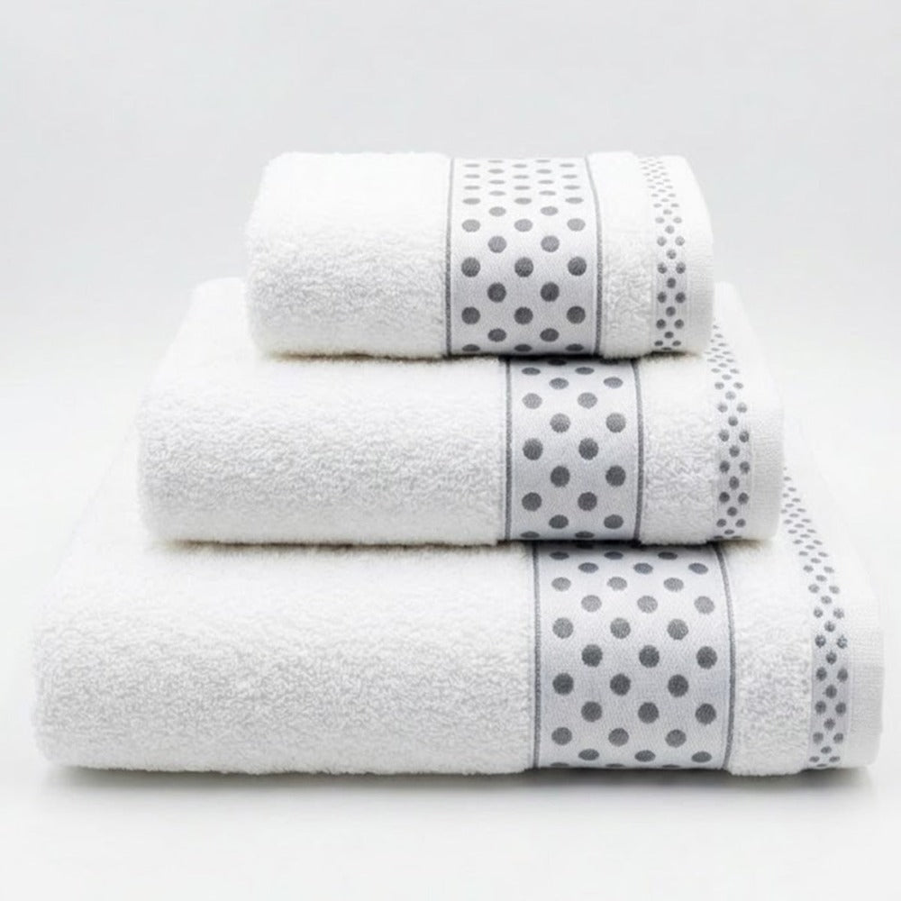 Juego de Toallas de Algodón 100% (3 Piezas) - Incluye Toalla de Tocador, Lavabo y Ducha | Tacto Suave, Ultra Absorbentes con Diseño Elegante de Lunares | Set Premium para Baño