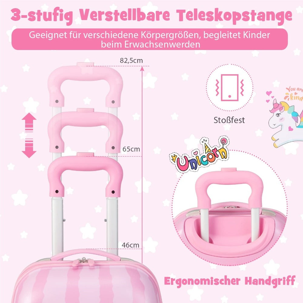 Juego de equipaje para niños de 2 piezas + Mochila, Trolley infantil de plástico, Equipaje infantil, Juego de equipaje de mano para viaje, Maleta rígida para niños y niñas (Unicornio rosa, 12"+16")