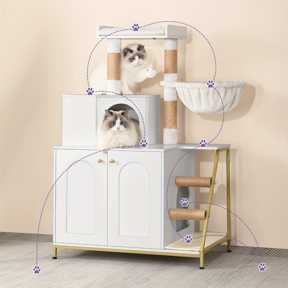 Árbol para Gatos con Gabinete para Caja de Arena, Gabinete para Gatos, Casa Moderna para Gatos 4 en 1 con Plataforma Grande, Casa para Gatos con Rascador de Sisal, Postes, Escaleras y Pompón, Cojines Lavables, Marfil Claro/Blanco