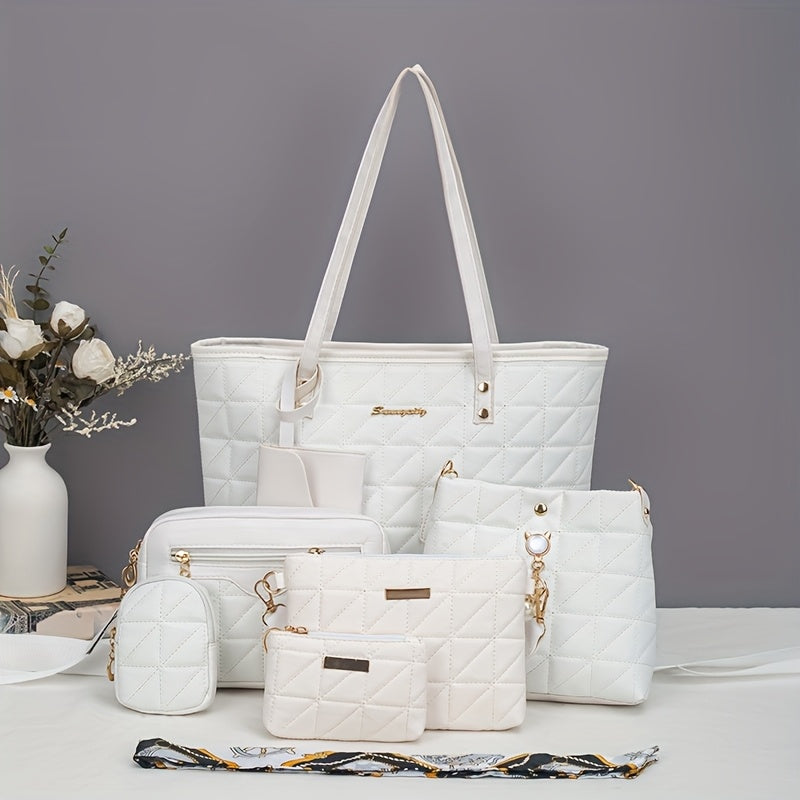 Bolso Tote de Rombo Elegante Juego de Siete Piezas | Juego Versátil de Dos Piezas con Bolso Bandolera, Bolso de Hombro, Bolso Cubo, Clutch | Bolso Tote Casual Multifuncional de Gran Capacidad | Decoración Clásica con Herrajes | Ideal para Viajes y Salidas
