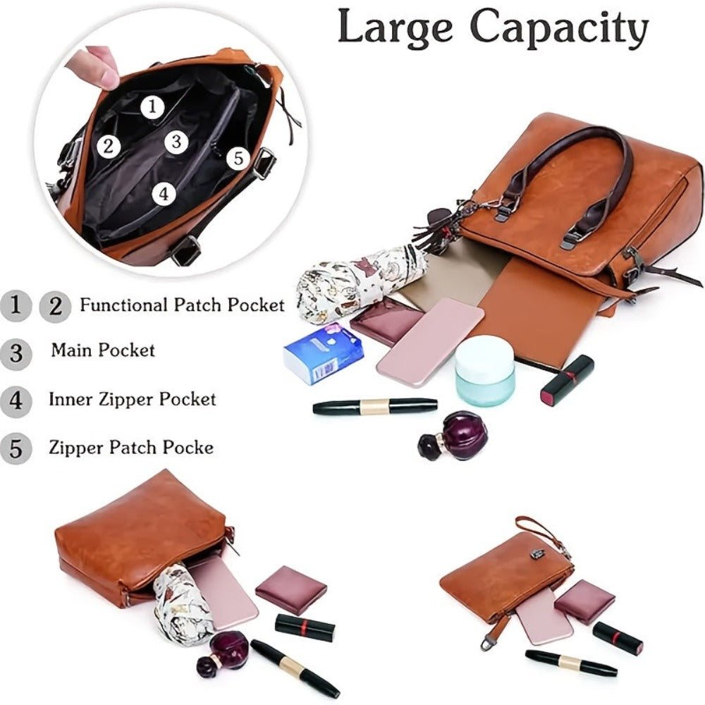Conjunto de 4 piezas de bolsos para mujer, moderno y versátil, incluye bolso tote retro, bolso cruzado de hombro, bolso de mano, billetera, bolso tote grande de PU con cera de aceite, borlas, ideal para el día a día, viajes y como regalo